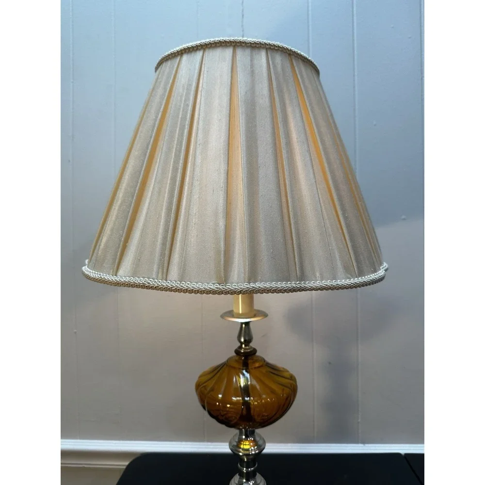 Vintage‎ Amber Glass Table Lamp Marble Base Chrome Metal Pleated Shade 29